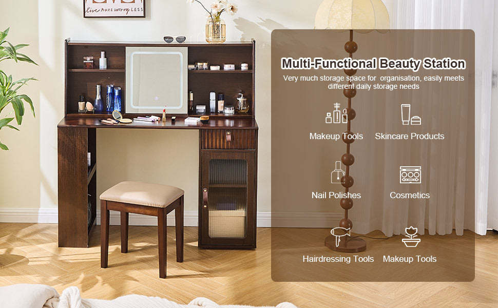 Modern Walnut Makeup Vanity Desk: Lighted Mirror & Storage Item image 15