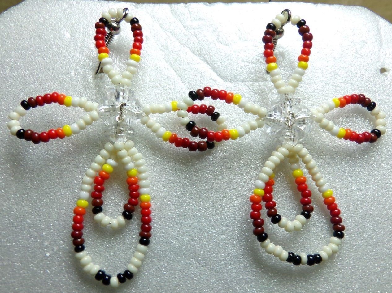 Native American Beaded CROSS Dangle Earrings Hoop WHITE Glass Bead Semin... - $24.99
