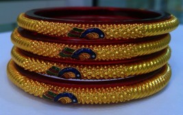 22K Yellow Gold Fine 4 Bangle Bracelet Khoka Pattern Color Peacock Enamel Color - £1,770.87 GBP
