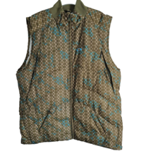 OAKLEY Puffer Vest Brown Teal Logo Print Down Fill Expandable Full Zip S... - $49.49