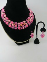 Candy Pink Necklace Earrings Set Bib Collar Rhinestone Glass Rivoli Silver Tone - £55.93 GBP
