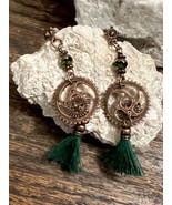 Vintage Bronzy Cooper Tone Color Steampunk Cogs Green Tassel Dangle Earr... - $27.13 CAD