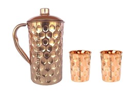 Copper Water Diamond Pitcher Jug 1500ML With 2 Drinking Tumbler Health Benefits - £33.60 GBP