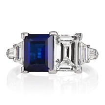 Art Deco Blue Sapphire Simulated Diamond White Gold Quality Silver Women Ring - £67.76 GBP
