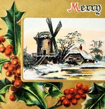 Merry Christmas 1910 Greeting Postcard Embossed Windmill Gold Farmhouse ... - £23.16 GBP