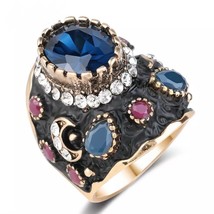 Boho Simulated Sapphire Statement Ring | Gold Plated | Black Enamel Band | Gift - £19.71 GBP