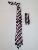 Mens Narrow Tie/Hankie Set Woven Vito Rofolo VTR-100 Rust Navy Checker image 2
