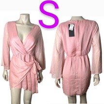 Light Pink Sheer Long Sleeve Side Tie Wrap Mini Dress~Size S - £45.35 GBP