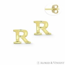 Initial Letter &quot;R&quot; Petite Baby Stud 14k Yellow Gold Stamping Push-Back Earrings - £55.65 GBP