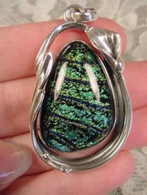 (#D-331) Dichroic Fused Glass Sterling Silver Pendant Green Blue Black Shimmer - £67.76 GBP