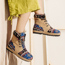 Harajuku Embroidery Women Linen Cotton Short Ankle Boots Lace Up Comfort Ladies  - £42.24 GBP