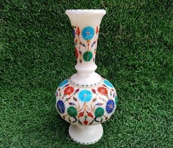White Marble Flower Vase Semiprecious Inlay Stone Marquetry Art Living Room Deco - £1,774.66 GBP