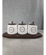 Condiment Set Ceramic Jars Wood Vintage Japan Relish Ketchup Mustard Lids - £22.09 GBP