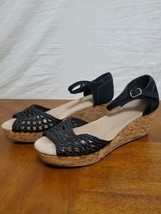 TOMS Stucco Cork Platform Wedge Peep Toe Sandals Black Suede Woven Size ... - $19.95