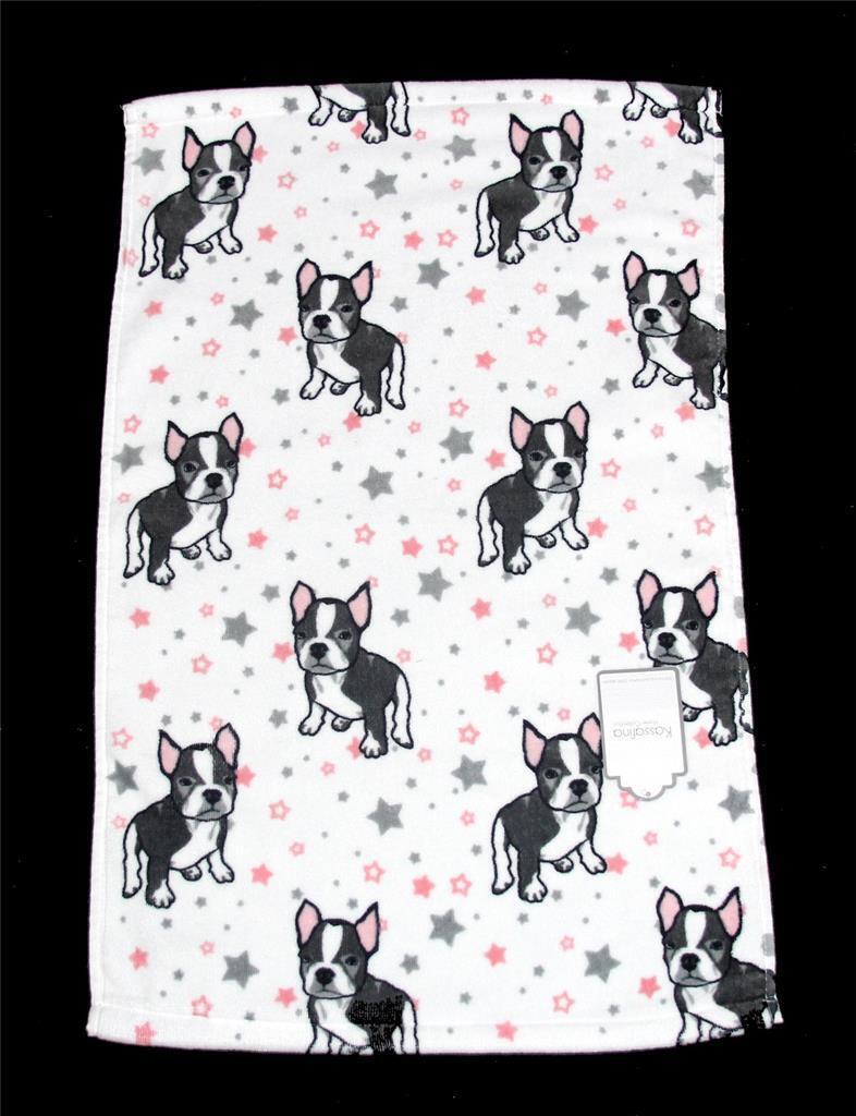Kassafina Boston Terrier / French Bulldog Grey Pink Stars Hand Towel NWT... - $14.99