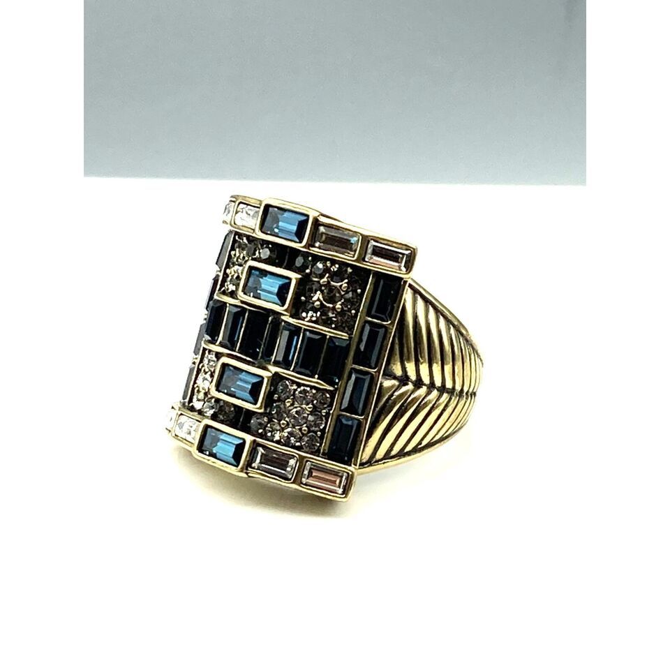 Vintage Heidi Daus Geometric Statement Ring with Sapphire Blue and Clear Pave - £59.99 GBP