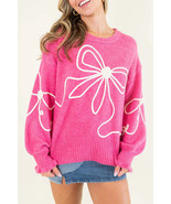 Bright Pink Sweet Bow Pattern Drop Sleeve Knit Sweater - $58.52 CAD