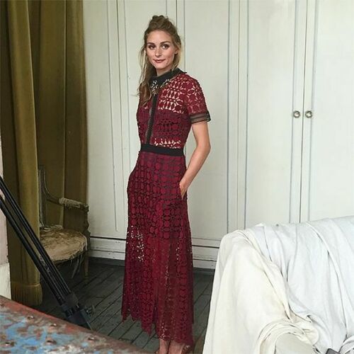 Women's Celeb Olivia Short Sleeve Crochet Scallop-Edged Midi Dress in Burgundy Item image 4