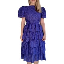 80s Vintage Blue Polka Dot Dress Tiered Short Sleeve XS - $39.00
