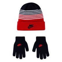 Nike Striped Beanie Gloves Set (Big Kids) Black/University Red One Size - £23.91 GBP