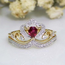 14k Yellow Gold Plated 1.60Ct Pear Cut Simulated Pink Ruby Engagement Ring Women - £110.93 GBP