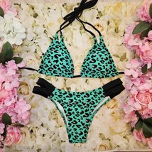 MALIA Green Black Leopard Itsy Brazilian Swim Suit Size M Bikini Set - £15.09 GBP