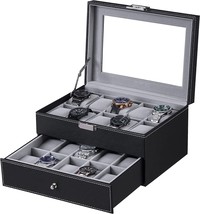 Bewishome Watch Box Organizer 20 Men Display Storage Case Metal Hinge Black Pu - $44.99