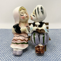 Kissing Couple Salt Pepper Shakers Bench Sitters Ceramic Turban Head Scarf 1950s - £21.78 GBP