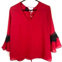 I.N. San Francisco V Neck Blouse Top Womens XL Lace Up Back 3/4 Bell Sleeves Red - £10.82 GBP