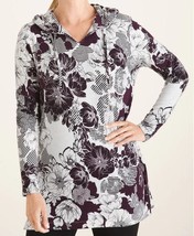 Chicos 1 Hood Tunic Womens M Floral Stripe V Neck Long Sleeve Stud Cuff Zenergy - £14.38 GBP