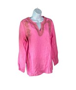Lilly Pulitzer Hot Pink Rayon Tunic Tan Embroidery Long Sleeve Small - $88.56 CAD