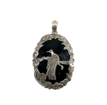 Vtg Sterling Silver Shaded Ornate Black Onyx Stone Bird at Branch Scene Pendant - £72.71 GBP