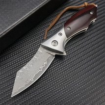 Damascus Steel Pocket Folding Knife With Wood Handle High Quality Tactic... - £34.87 GBP