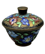 Vintage Cloisonne Round Trinket Box Enamel Brass w/ Lid 2 inch Mini Flor... - $29.66 CAD