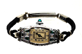 Antique Art Deco Bulova  Diamond Emerald &amp; 14K White Gold Ladies Watch - £389.54 GBP