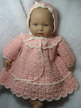 Baby Dress, Bonnet Hat, &amp; Long Vest Set Crocheted Dark Peach Approx 3 month size - £33.24 GBP