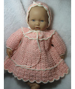 Baby Dress, Bonnet Hat, & Long Vest Set Crocheted Dark Peach Approx 3 month size - £33.01 GBP