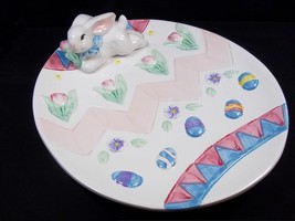 Ceramic egg shaped plate with figural Easter Bunny 3D flowers &amp; eggs - $12.59