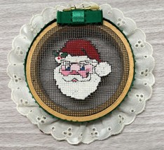 Vintage Santa Face Christmas Tree Ornament Handpainted Screen Hoop Santa Claus - £7.80 GBP