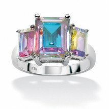 PalmBeach Jewelry 5.60 Cttw. Emerald-Cut Sterling Silver Aurora Borealis CZ Ring - £35.44 GBP