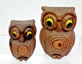 Vintage Carved Owls Japanese Cryptomeria Wood Yellow Eyes Bird Figure St... - $28.22