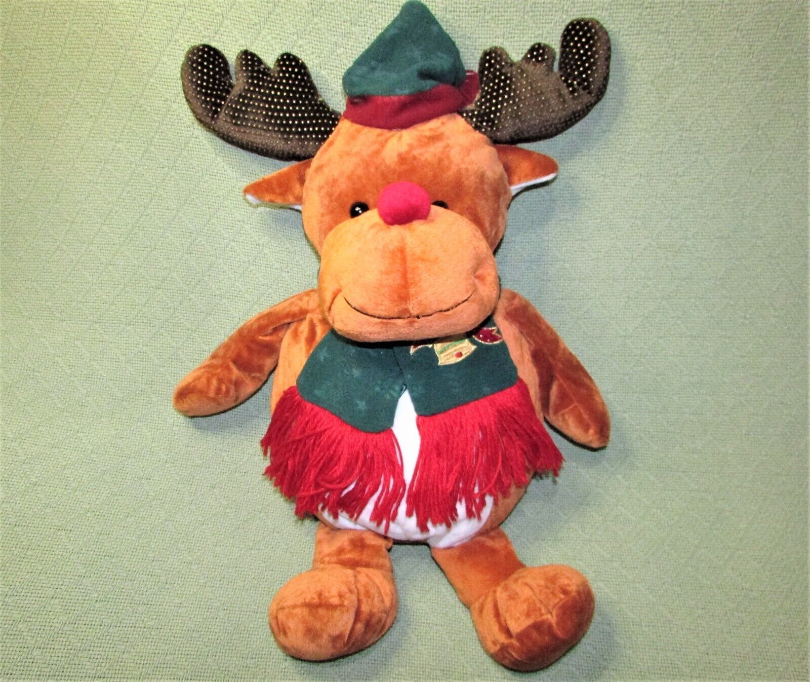 24" GOFFA CHRISTMAS MOOSE STUFFED ANIMAL REINDEER GREEN SCARF SANTA HAT TAN TOY - $15.75