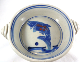 Grey Pottery Bowl  Hand Painted Glazed Koi Fish Blue trim 2 1/4&quot; deep 8 1/4&quot; wid - £27.45 GBP
