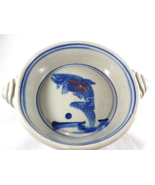 Grey Pottery Bowl  Hand Painted Glazed Koi Fish Blue trim 2 1/4&quot; deep 8 ... - $34.64