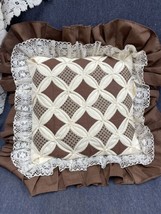 Vintage Pillow 1970’s Cathedral Window Pane 15” Patchwork Brown Ivory Ruffle - £18.69 GBP