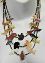 Vintage Zuni Fetish Necklace Sterling Silver,Carved Stones W/Turquoise, Heishi, - £194.17 GBP