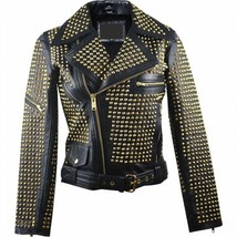 Women&#39;s Black Genuine Cowhide Leather Handmade Full Golden Studded Belted Jacket - £240.28 GBP