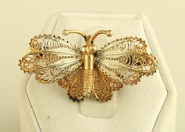 Antique 1940s Sterling Gold Wash 800 Silver Filigree Butterfly Brooch Pin - £32.15 GBP