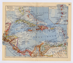 1939 Vintage Map Of Caribb EAN West Indies Puerto Rico Bahamas Costa Rica - £22.03 GBP