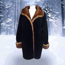 Black Faux Fur Coat L Jacket Faux Mink Trim Mob Wife Elegant Winter Tall... - £69.91 GBP